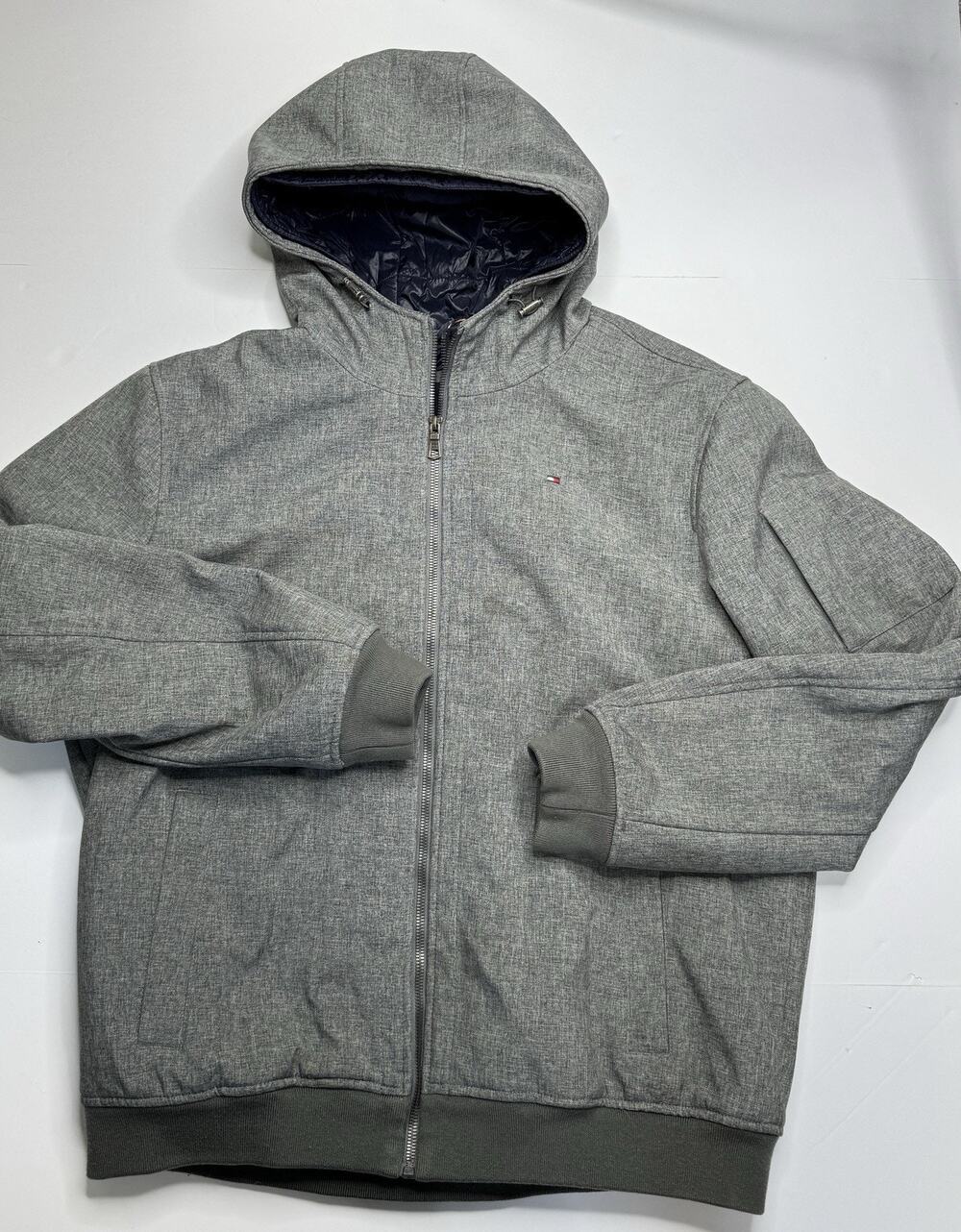 Tommy Hilfiger Mens XL Heather Gray Softshell Hooded Insulated Bomber Jacket